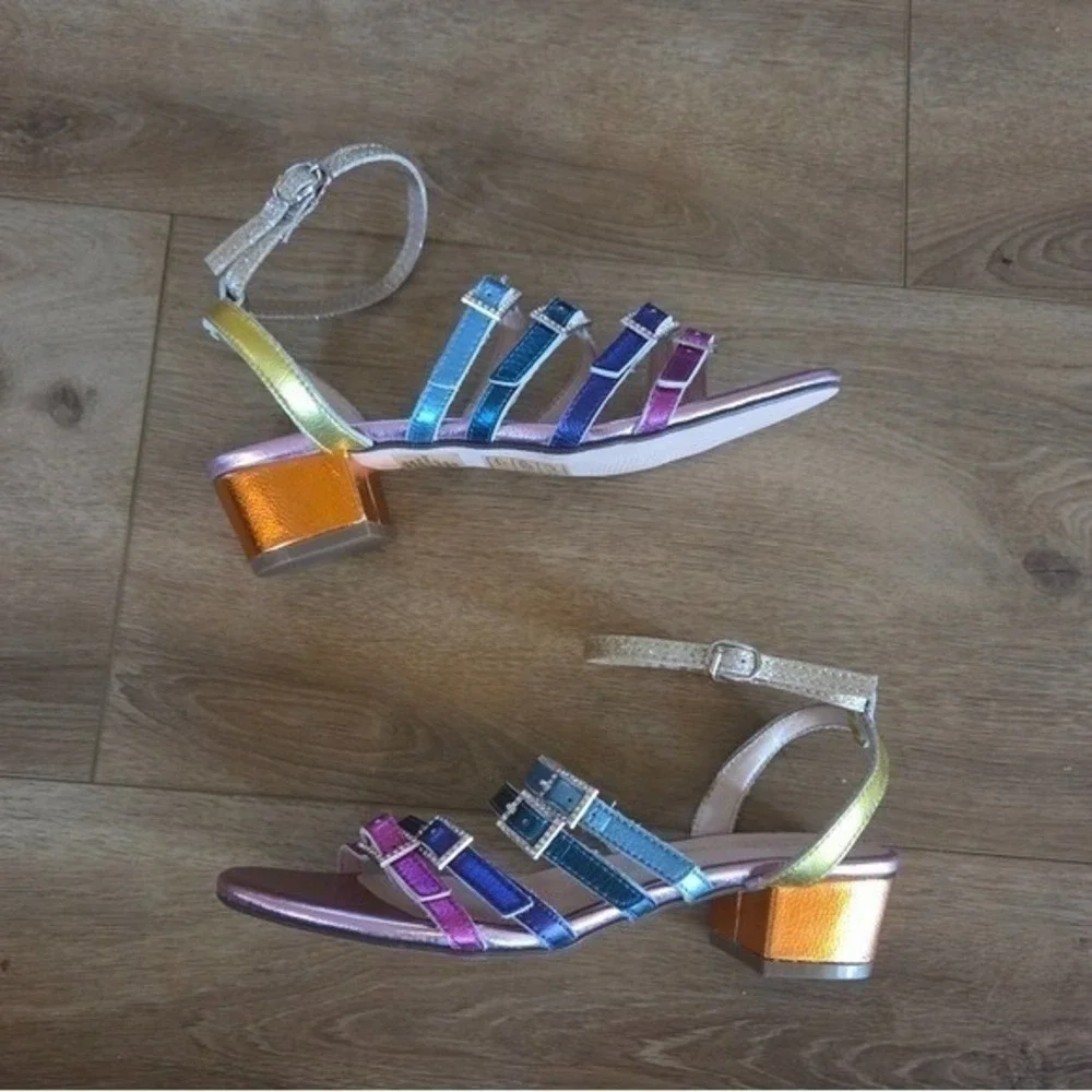 Kurt Geiger London Mini Piera Rainbow Metallic Leather Block Heel Sandals‎ 37/5M